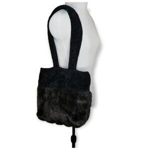 ❤Vintage Brown Faux Fur Shoulder Bag Black Sherpa Trim Straps Goblin Fairy Witch